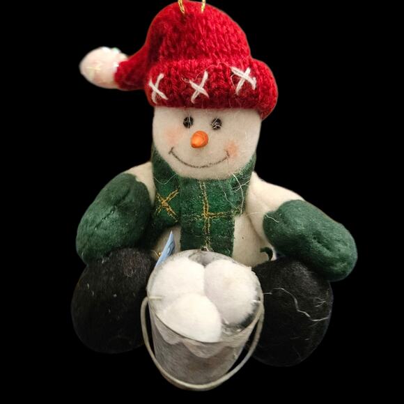 Plush Snowman Christmas Ornament with Red Knit Hat Green Scarf & Snowball Bucket - Picture 1 of 2